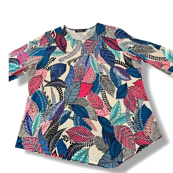 Creation Tunic Top Size 2X Asymmetrical 3/4 Sleeves Vibrant Colorful Leaf Design - Picture 6 of 10